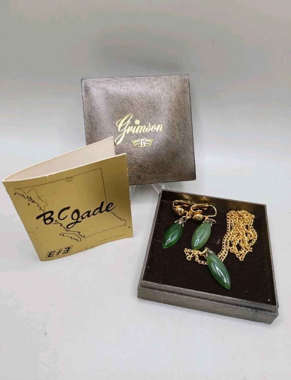70s Grimson B.C. Jade Necklace and Earrings Set Gold Tone Clip On Made in Canada